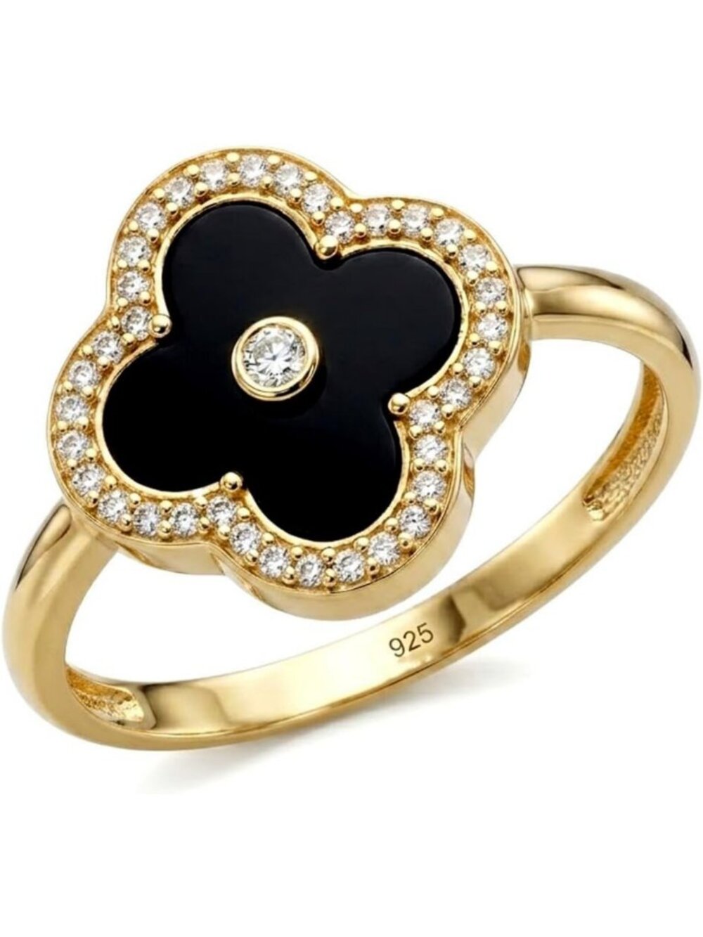 925 Sterling Silver Four Leaf Clover Ring | Gold-Plated Mother of Pearl & CZ
